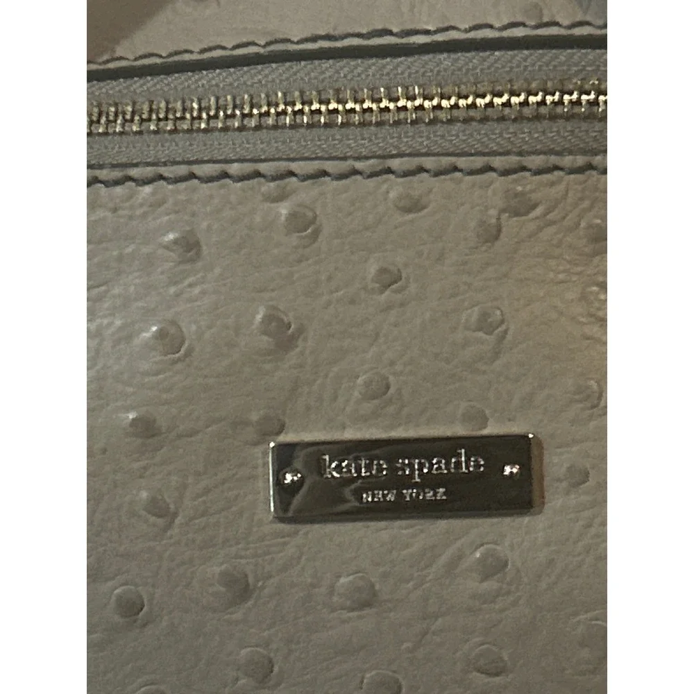 Kate Spade New York Ostrich Embossed Satchel Bag Light Grey Silver Tone NEW